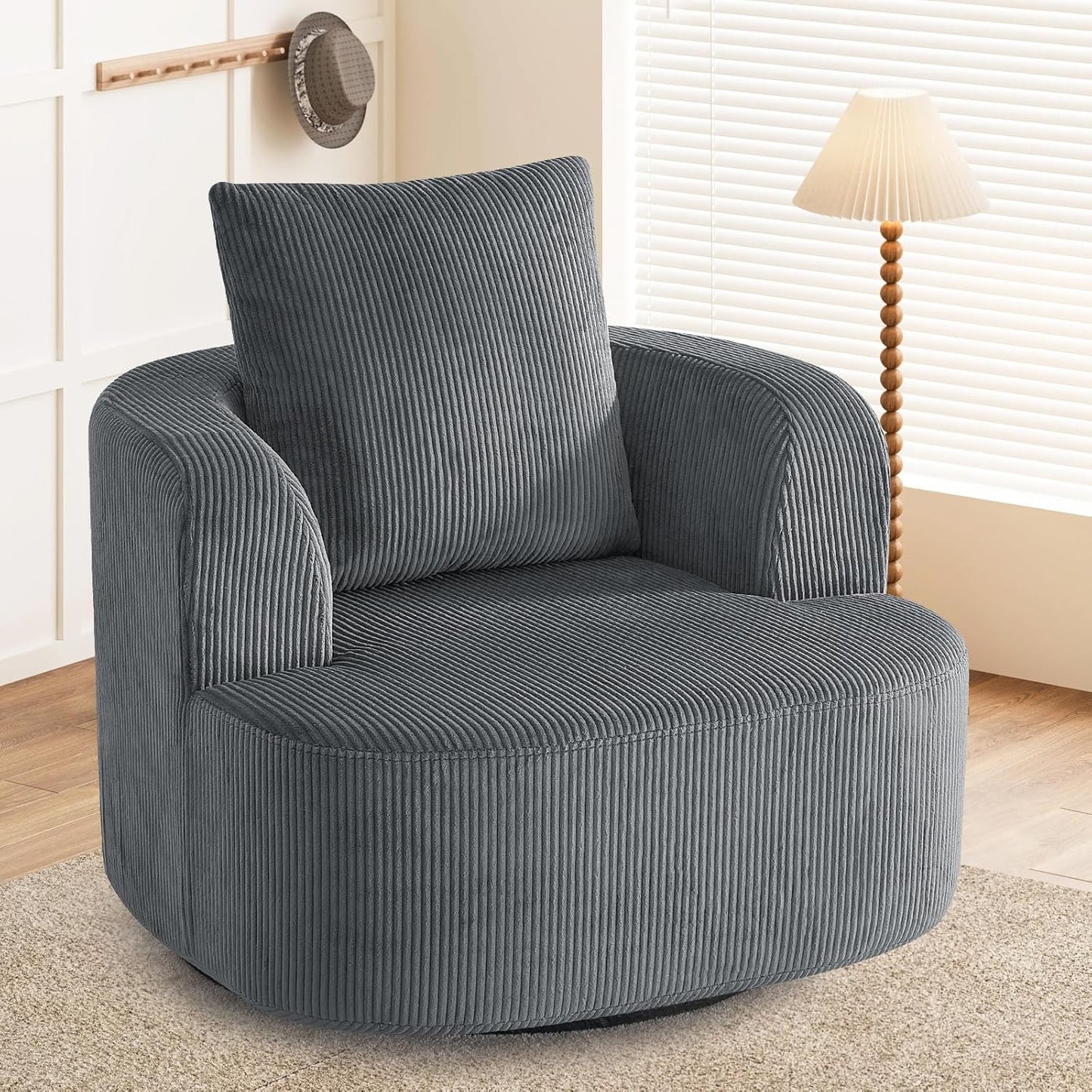 Furnimart 360° Swivel Barrel Accent Chair, Round Upholstered Comfy Lounge Chair, Corduroy High-Resilienc Foam Single Sofa, No Assembly Wide Seat for Living Room, Bedroom, Apartment (Gray)