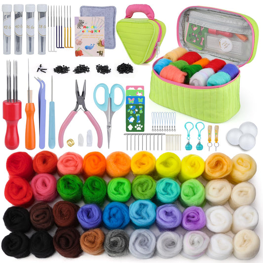 Needle Felting Kit for Beginners, Wool Roving 40 Rolls, Felting Needles, Needle Felting Tools Kit with Spiral, Cone, Triangle Felting Needles,Wool Felting Pad, Felting Supplies