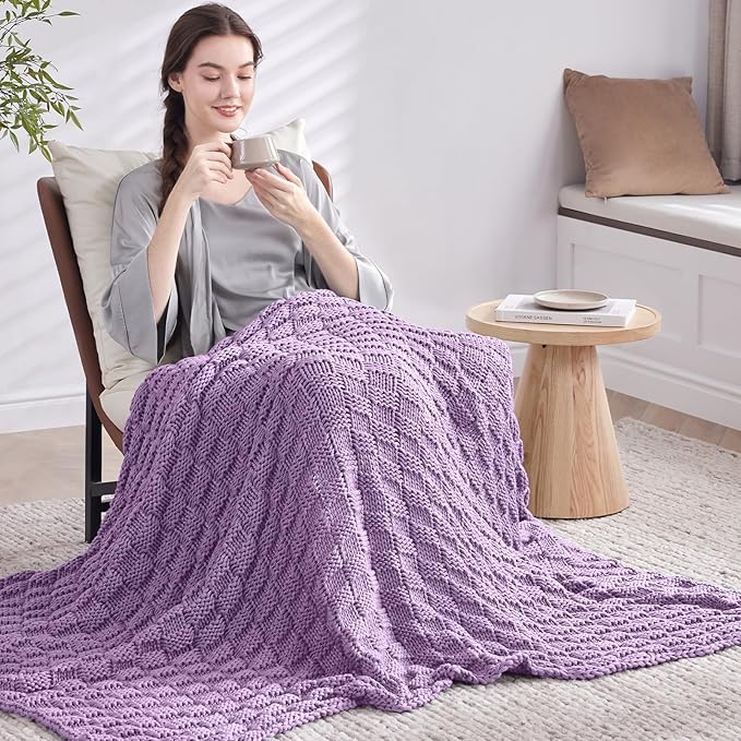 Knitted Weighted Blanket Adults, No Beads Heavy Blanket 40” x 60'' 7lbs, Breathable Chunky Knit Blanket, Cooling Weighted Blanket for Hot Sleepers, Christmas Home Decor (Lilac)