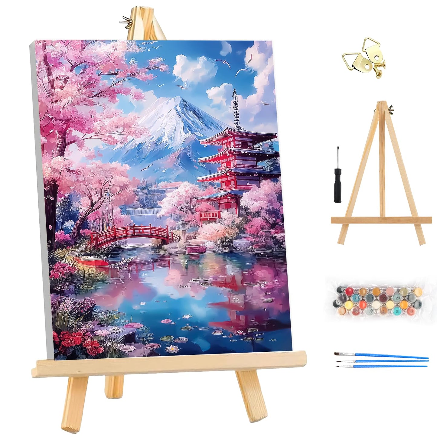 EOBROMD Framed Paint by Numbers Kits for Adults - Wooden Easel, Japanese scenery DIY Painting Kits for Adults Beginner, Painting on Stretched Canvas Oil Paint by Numbers for Home Decor Gift 10x14 Inch