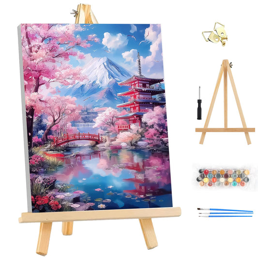 EOBROMD Framed Paint by Numbers Kits for Adults - Wooden Easel, Japanese scenery DIY Painting Kits for Adults Beginner, Painting on Stretched Canvas Oil Paint by Numbers for Home Decor Gift 10x14 Inch