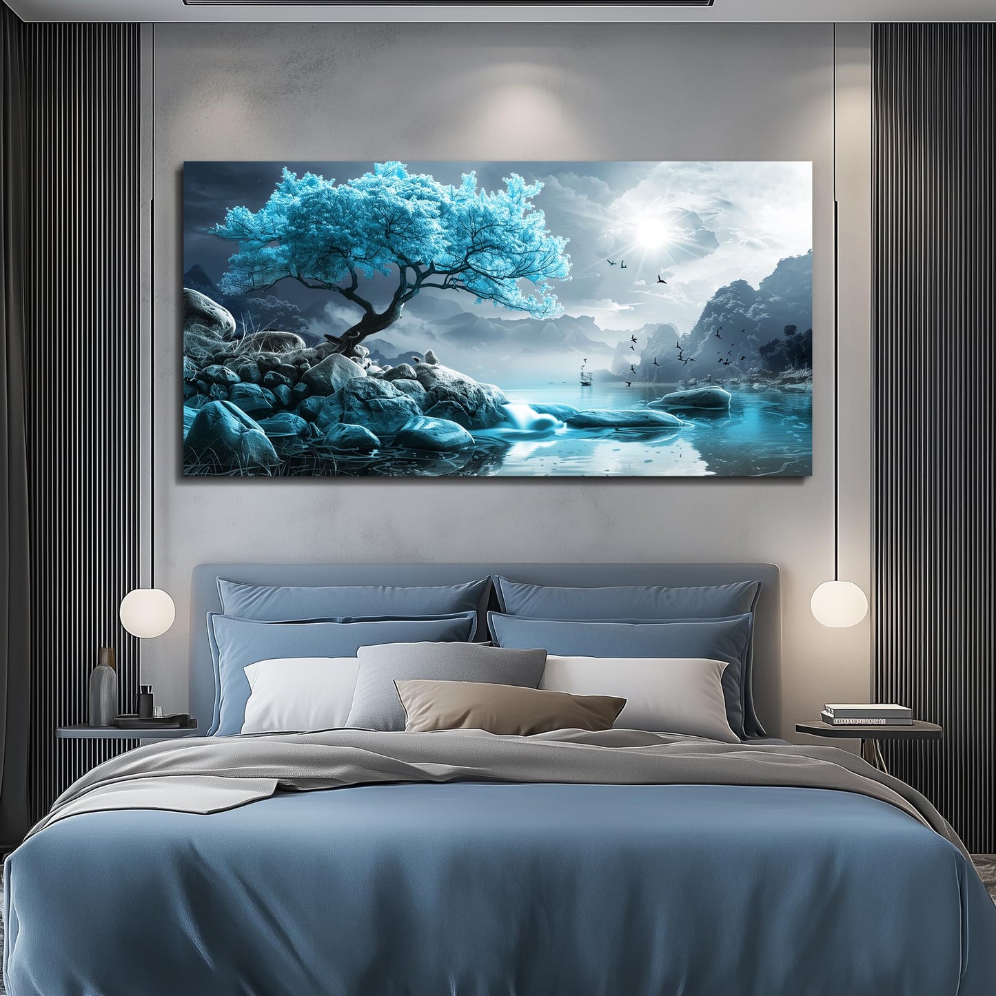 KELIYUAN Large Wall Art For Living Room Canvas Wall Decor Bedroom Blue Tree Landscape Wall Paintings Black And White Pictures Office Mural Framed Prints Artwork Modern Home Decorations 30x60in
