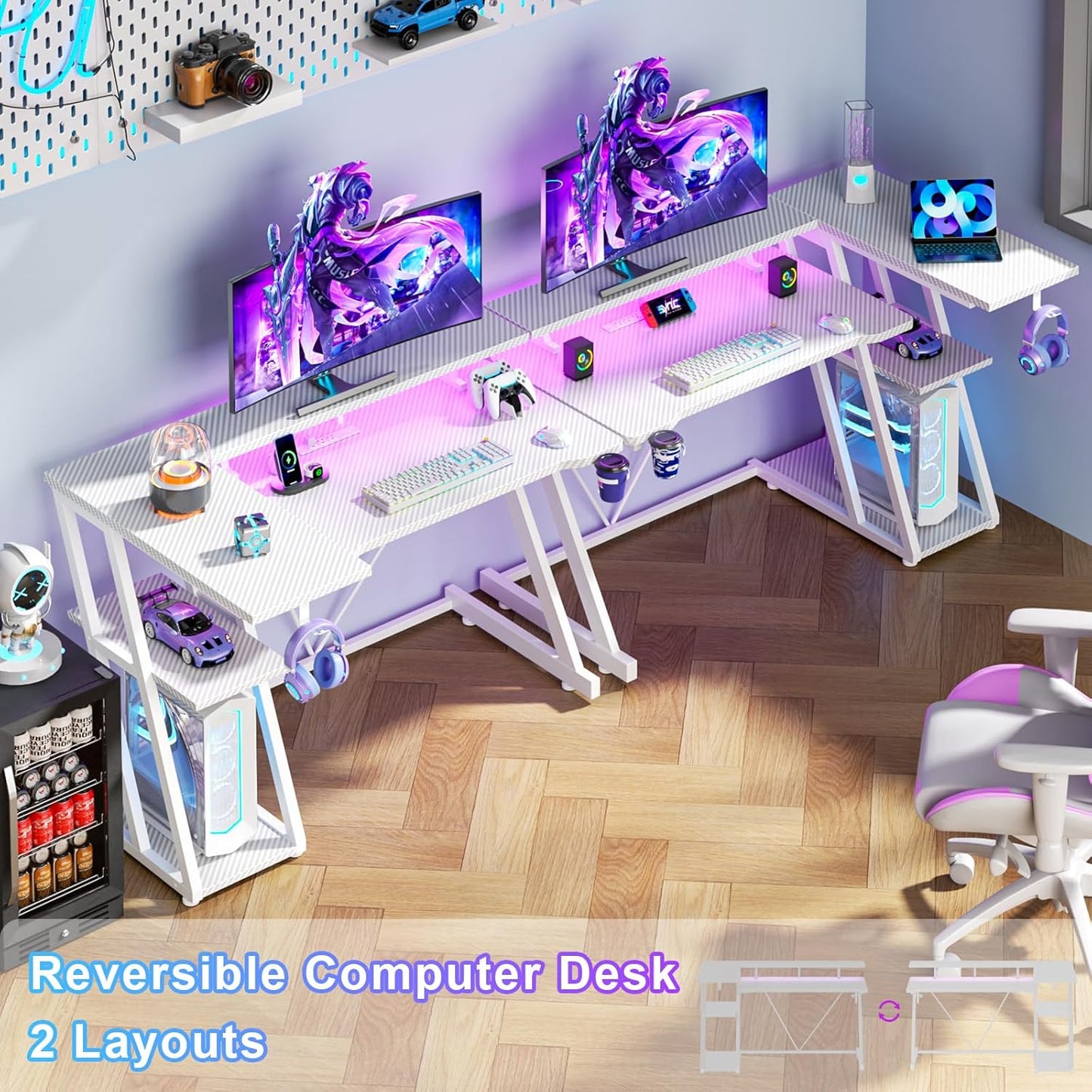 40 Inch Gaming Desk with Power Outlet & LED Lights, L Shaped Computer Gaming Table with 3 Tiers Storage Shelves, Corner Gamer Desk with Monitor Stand for Small Space, Carbon Fiber White