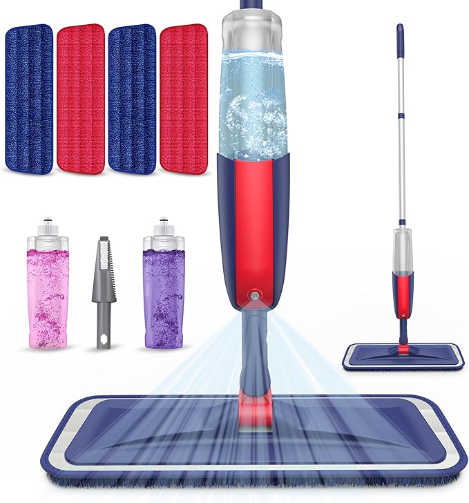Spray Mops for Floor Cleaning: MEXERRIS Wet Dust Mops with 4 Washable Mopping Pads 2 Refillable Bottles - Flat Floor Mop with Sprayer Home Commercial Use for Hardwood Wood Laminate Ceramic Tiles