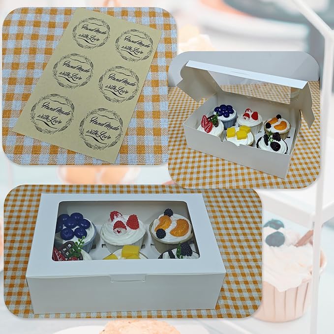 Cupcake Boxes 6 Count, Disposable Cupcake Containers, Food Grade Carrier with Window and Inserts for Cupcakes Muffins Cookies Pastries Donuts (White, 3 Pack)