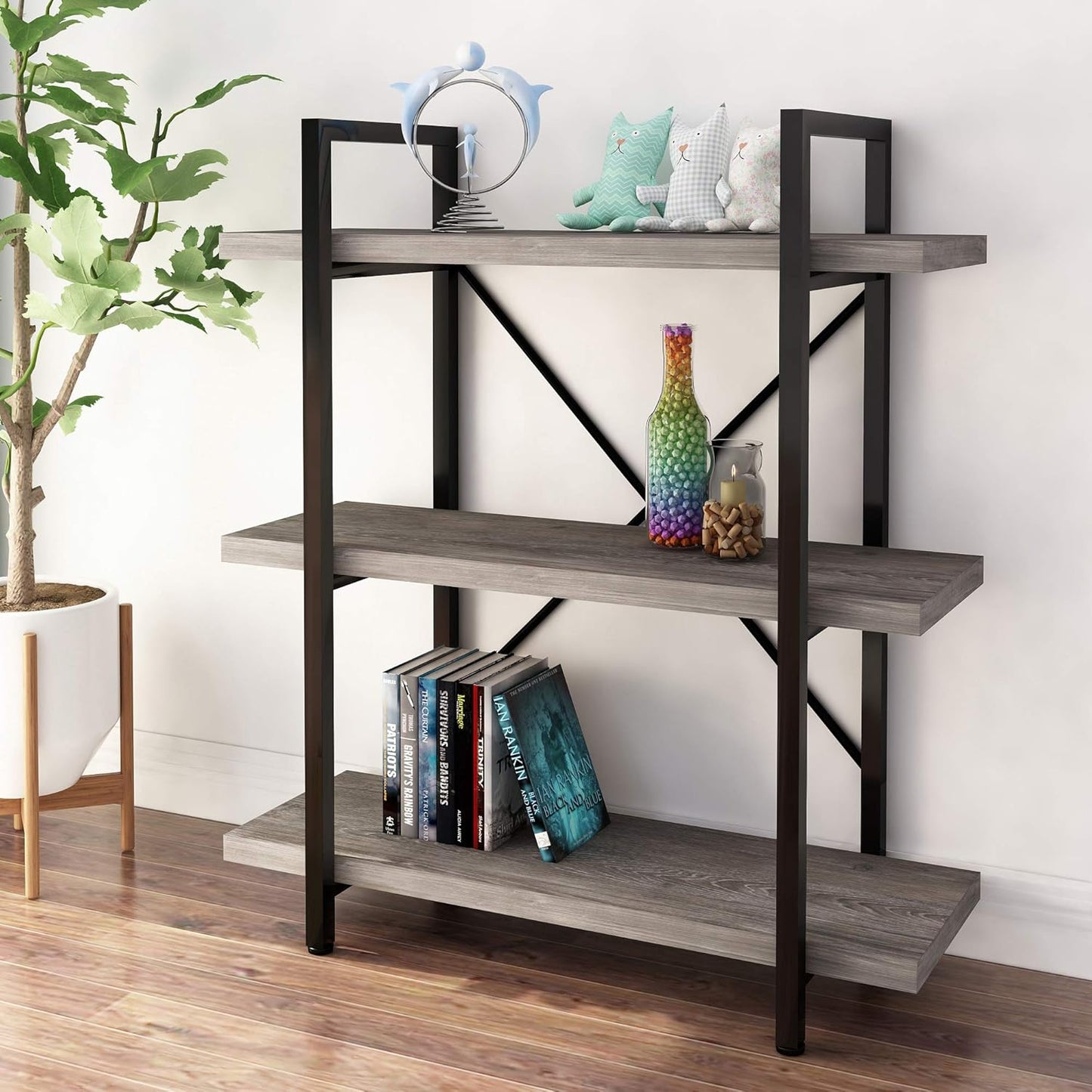 45MinST 3-Tier Vintage Industrial Style Bookcase/Metal and Wood Bookshelf Furniture for Collection，Gray Oak, 3/4/5 Tier (3-Tier)