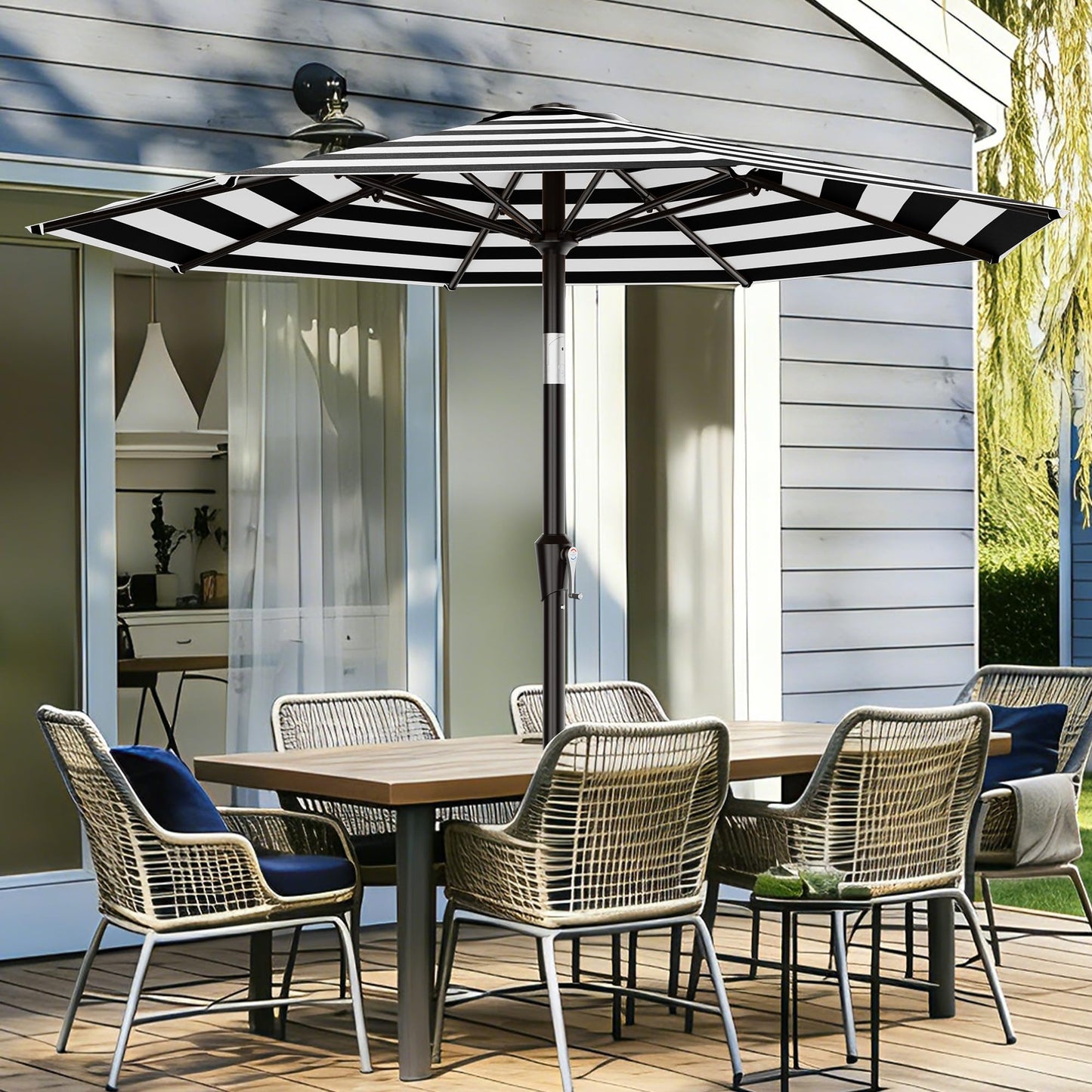 AreShark 9 FT Patio Umbrella for Outdoor, Outdoor Table Umbrella with Push Button Tilt and Crank, Outdoor Patio Umbrellas with 8 Sturdy Ribs for Market, Garden, Pool (Black & White Stripe)