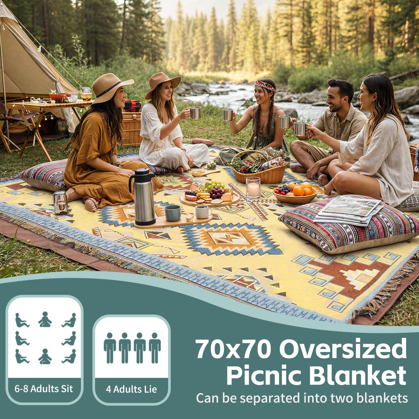 2 in 1 Extra Large Camping Blanket Outdoor Picnic Yoga Mat Lightweight Car Essential Roadtrip Gadget Rv Accessories Glamping Tent Gear Must Haves Hiking Stuff Backpacking Necessities Women Beach Gift
