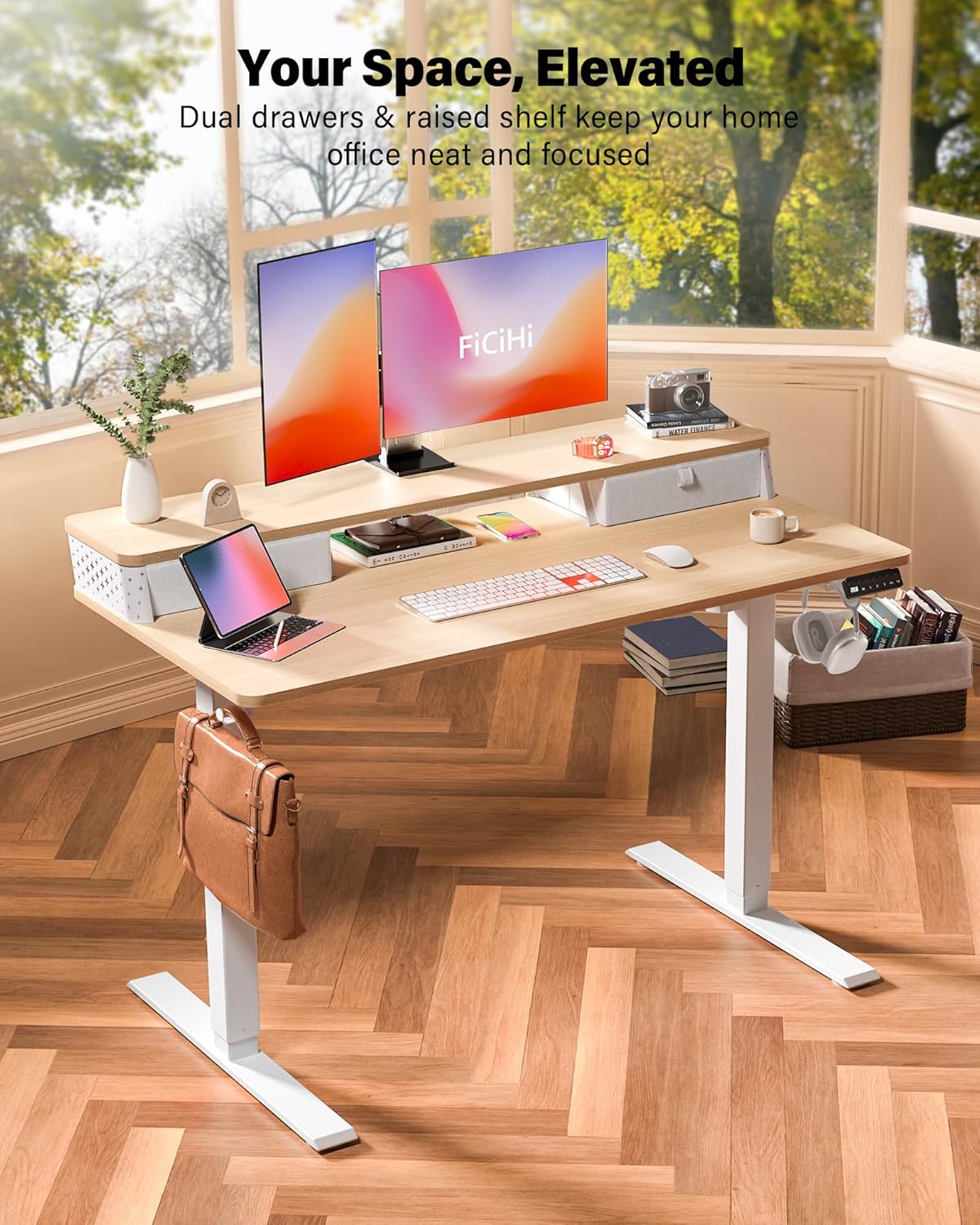 48x24 Inch Standing Desk with Double Drawers, C-Clamp Mount Compatible, Electric Adjustable Height Computer Stand Up Desks, Home Office Sit Stand Table with 3 Preset Heights & 2 Hooks, Natural