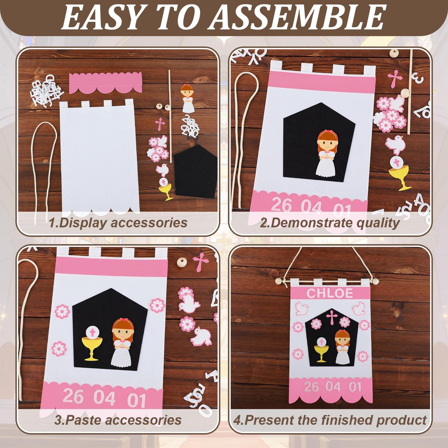 Hahafelt First Communion Banner Kit for Girls 9 x 12 Inches Pink DIY Felt First Holy Communion Banner Crafts Kits for Church Sunday School Catholic Special Events