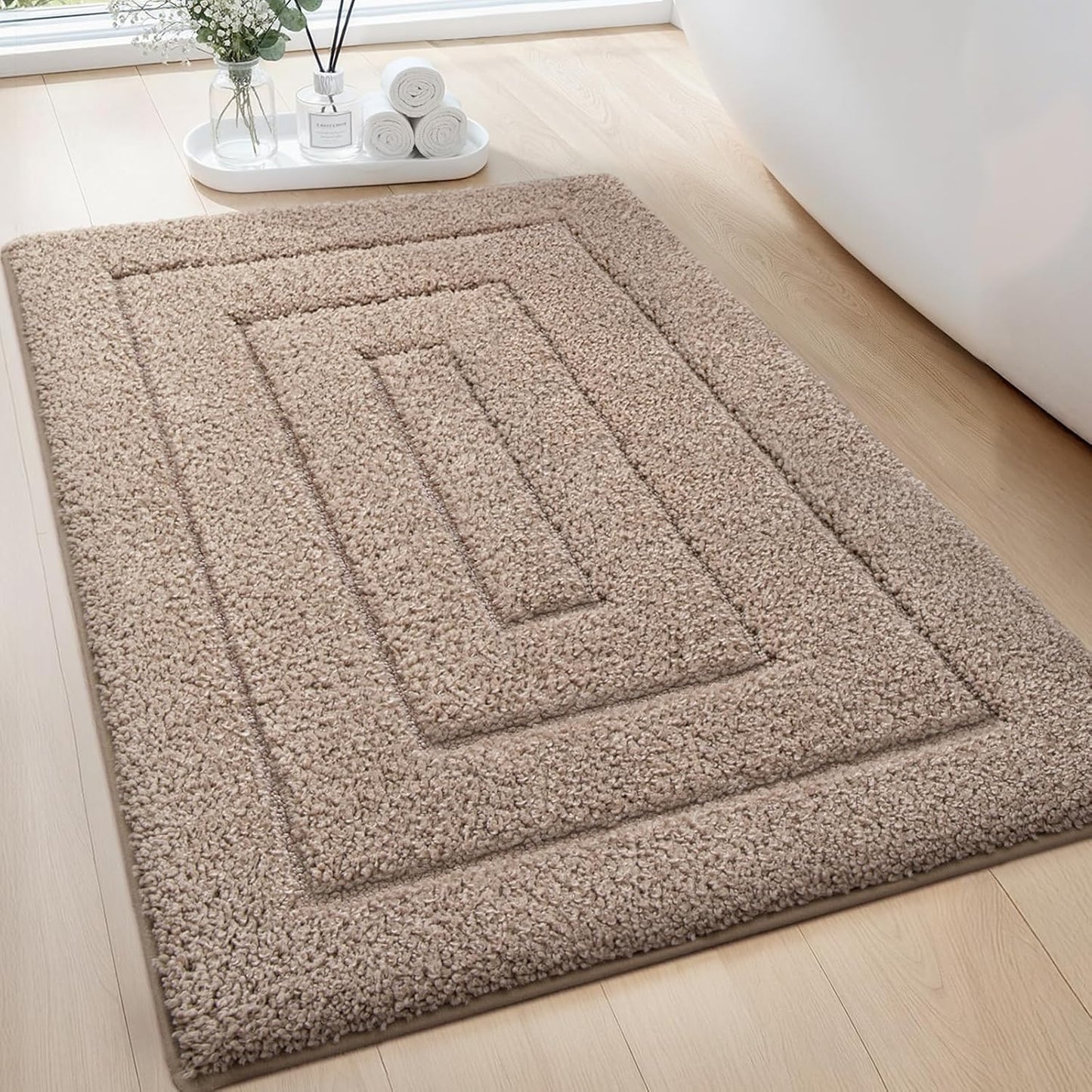 Color&Geometry Bathroom Rugs 36"x24" Non Slip with Rubber Backing,Absorbent Washable Bath Mat Quick Dry Bath Mat for Bathroom,Soft Bathmat Microfiber Plush Carpet for Bathtub and Shower Floor,Tan
