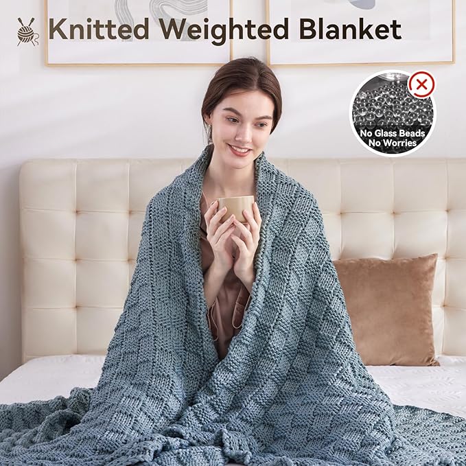 Knitted Weighted Blanket Kids, No Beads Heavy Blanket 36” x 48'' 5lbs, Breathable Chunky Knit Blanket, Cooling Weighted Blanket for Hot Sleepers, Christmas Home Decor (Light Blue)
