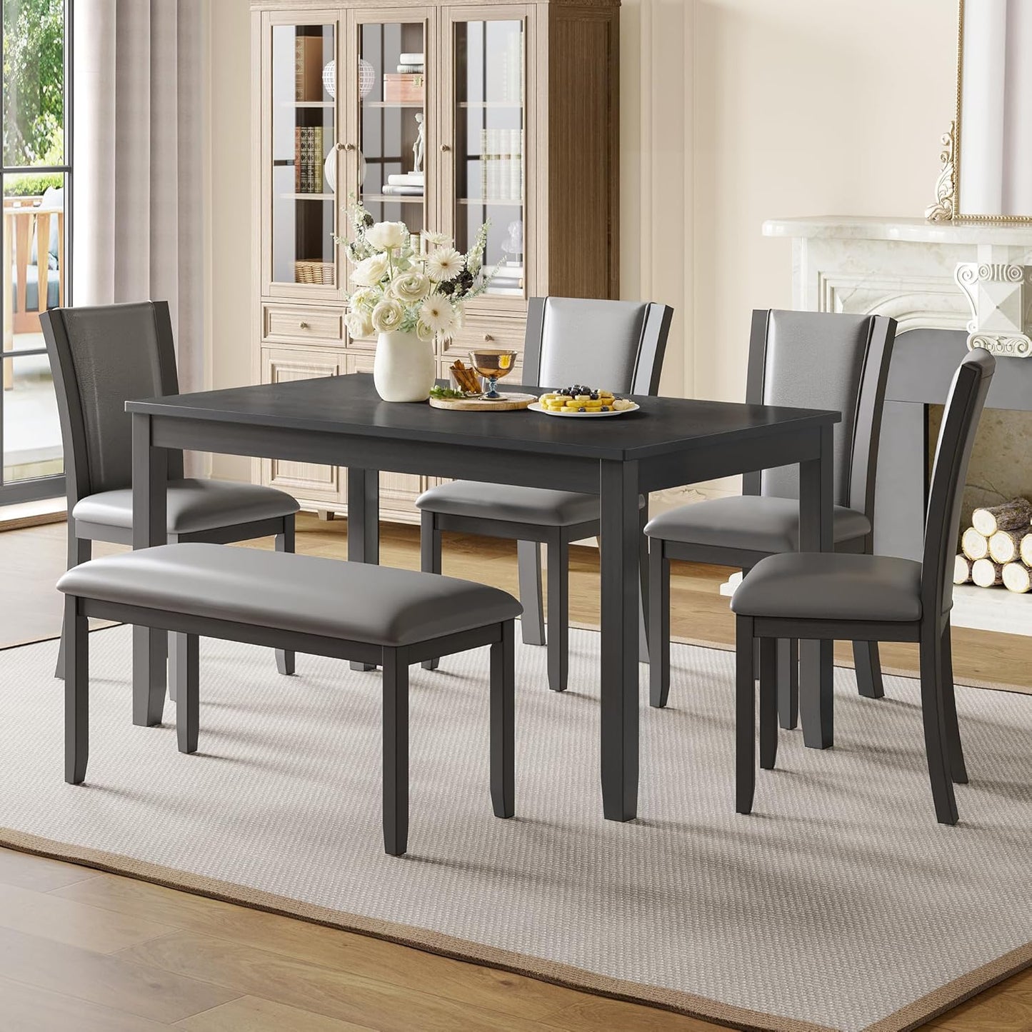 KEIKI 6-Piece Standard Height Dining Table Set with Rectangular Table, 4 Upholstered Chair, Bench, for 6 Person, Farmhouse Rustic Style Table Set, Easy Assembly, for Kitchen, Dining Room, Gray