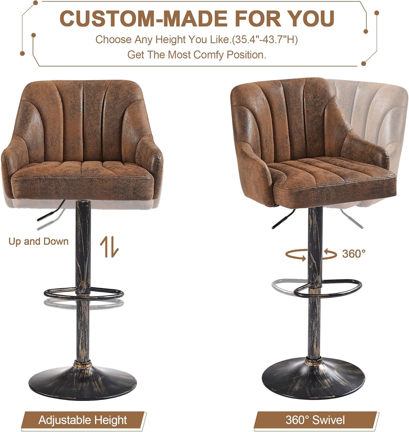 VECELO Bar Stools Set of 2, Adjustable Counter Height Barstools with Back and Arm, Swivel Bar Chair Stools for Kitchen Counter Island Cafe Dining Room, Industrial Style, Brown