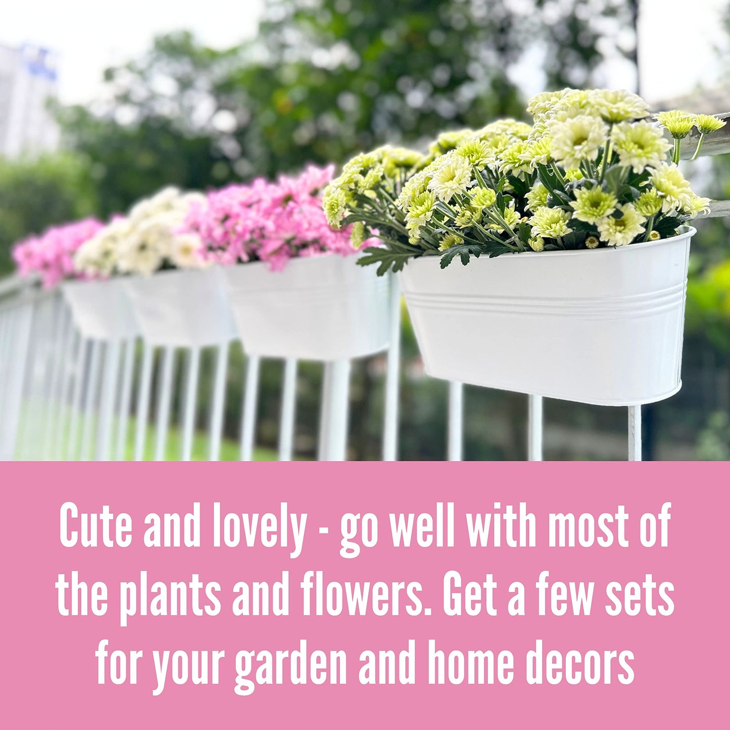 LaLaGreen Rail Planter Outdoor Plants (10 Pack, 11.8 Inch) White Metal Iron Hanging Flower Pots Deck Railings Fence Buckets Countryside Boho Style Wall Mount Window Box Plant Holder Hooks Porch Decor