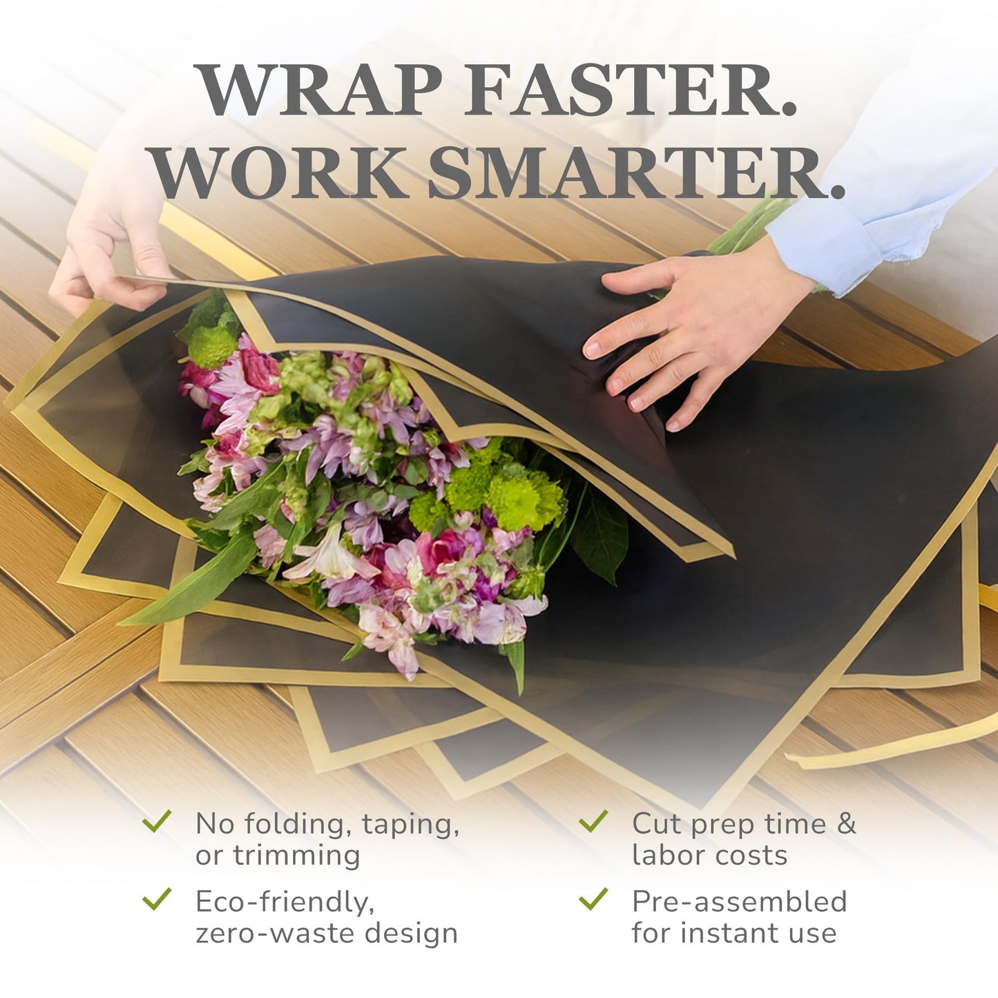 the florist Supply Amour Wrap 12 Pack, Luxury Pre-Assembled Flower Wrapping Paper - Waterproof Floral Bouquet Wrapping Paper with Gold Trim & Satin Ribbon, Black