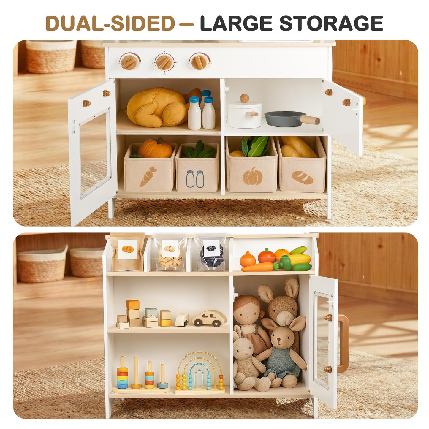 DREAM BUILDING Dual-Sided Play Kitchen for Kids Toddlers, 2-in-1 Grocery Store&Wooden Toy Kitchen Set with Coffee Machine,Pretend Kitchen Play Set with Microwave, Oven, Gift for Boys Girls