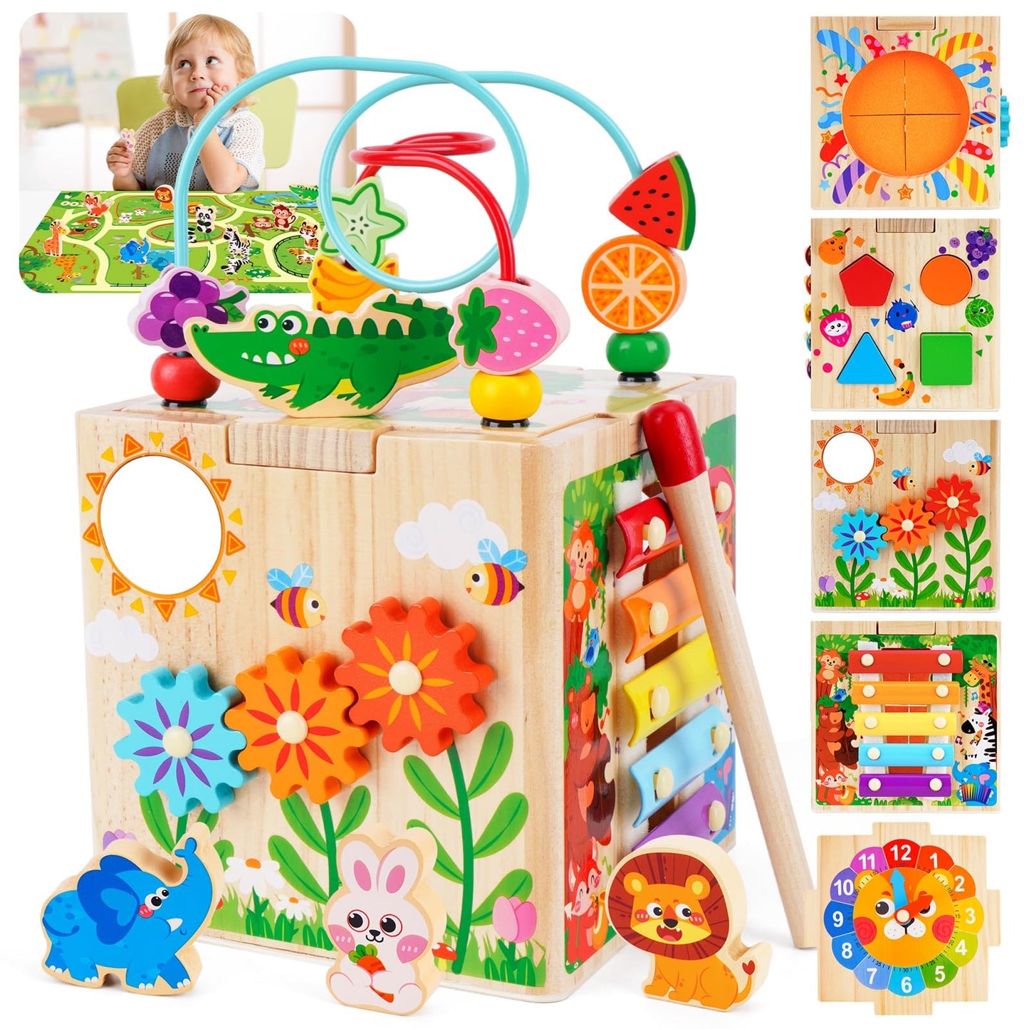 Wooden Activity Cube | Montessori Toys for 1-2 Year Old Toddlers | One Year Old 1st First Birthday Gift | Developmental Toys for 12 Months Baby Boys Girls | Bonus Sorting & Stacking Board (Pink)