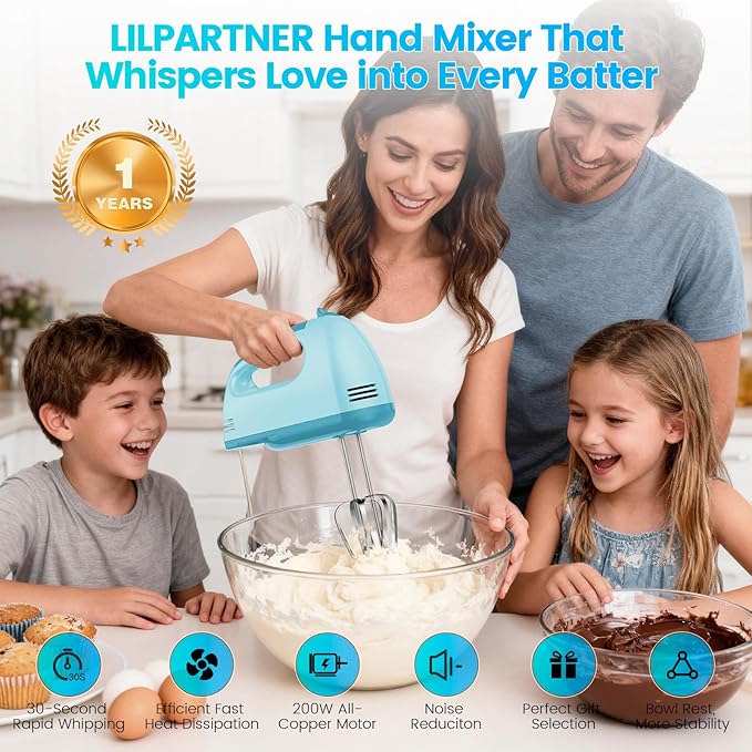 Hand Mixer Electric, Small Food Mixer 7 Speeds Handheld Blender,304 *(1* Whisk, 2* Beater, 2*Dough Hook) Kitchen Blender for Cream, Cookies, Dishwasher Safe, Blue