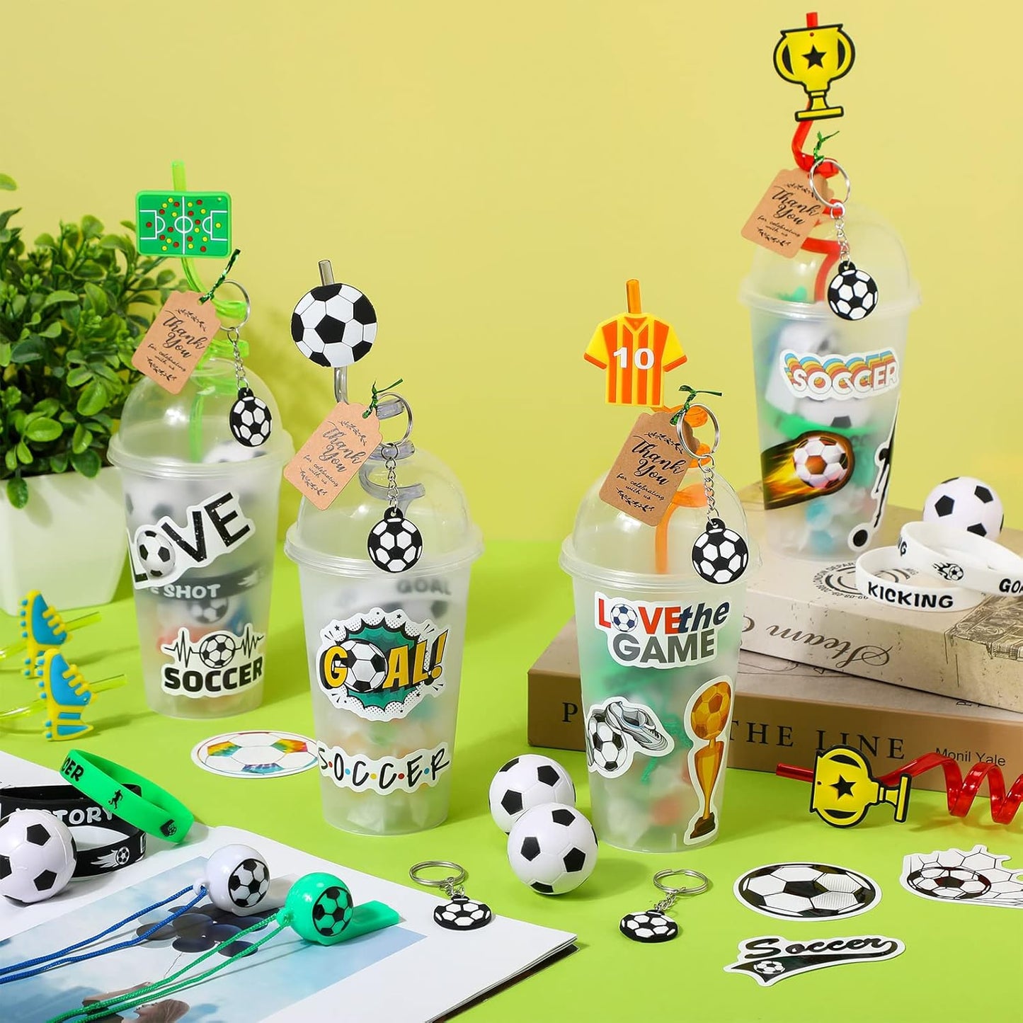 Weysat 184 Pcs Soccer Party Favors Party Supplies with Cup Straw Stress Ball Keychain Sticker Bracelet Whistle Thank You Tags for Birthday Decorations (Soccer)
