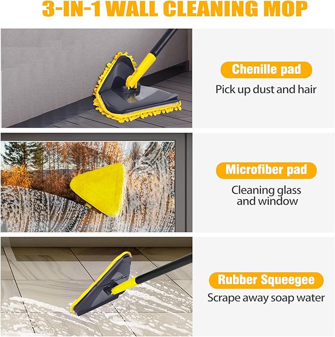 Newly Upgraded Wall Mop with 82 Inches Long Handle, 180° Folding Baseboard Cleaner Tool Duster Buddy with Window Squeegee, 6 Replacement Pads for Cleaning Painted Wall, Ceiling, Wash Floor