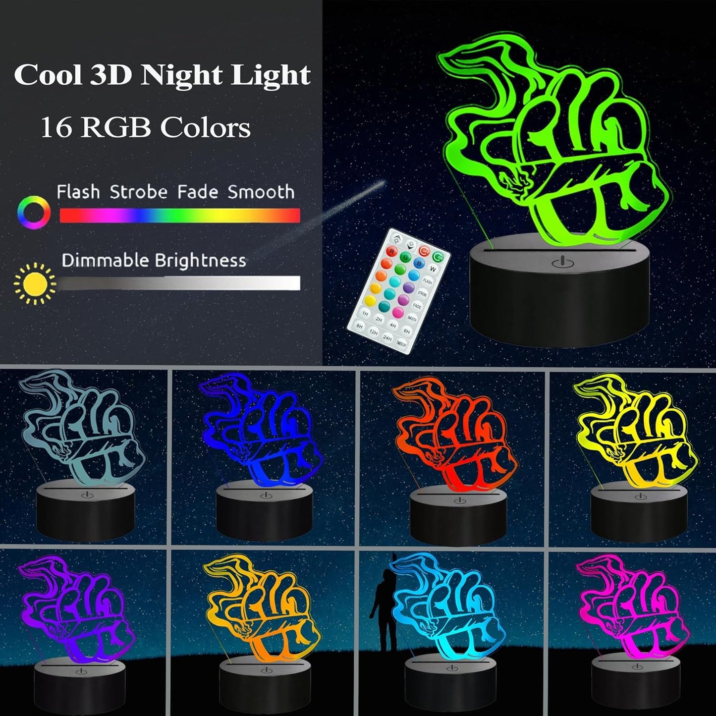 Cool 3D Night Light, 3D Illusion Lamp with 16 Colors Changing, Timer, 4 Flash Modes and Dimmable, Kids Boys Girls Room Decoration, Holiday Xmas Gifts