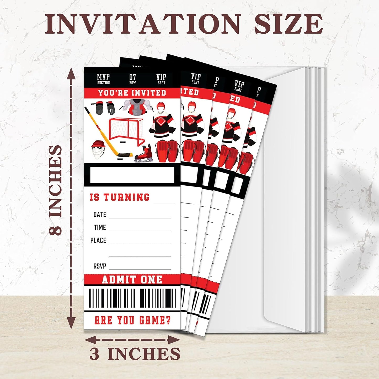 Birthday Cards-20 Ice Hockey Game Ticket Invite Cards-Red and Black Birthday Invitation with Envelopes for Hockey Lovers Boys-Party Favor & Supplies (3×8 inch)-A01