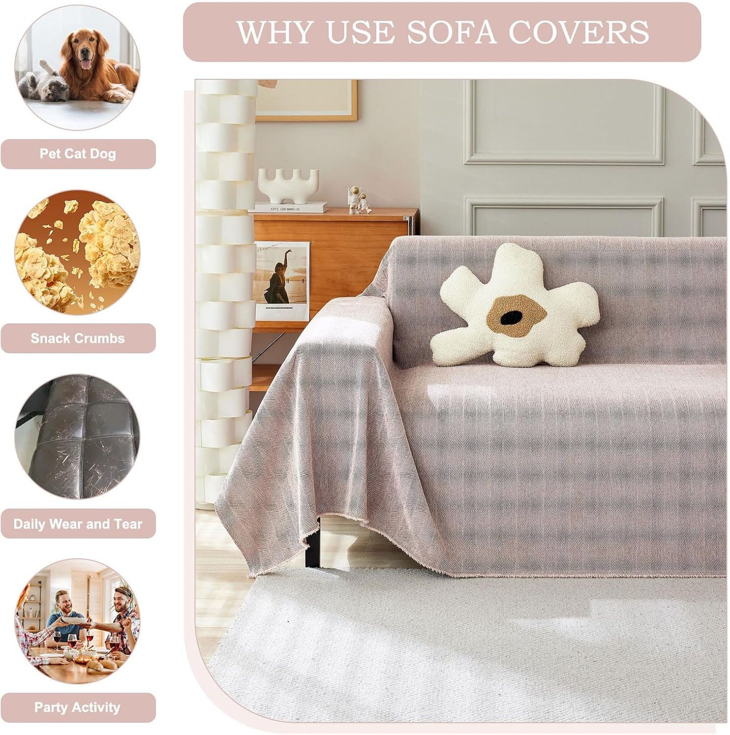 STACYPIK Solid Pink Sofa Cover for Pets Dogs, Cooling Chenille Herringbone Couch Cover for Sectional, Washable Pet Slipcover for 3 Cushion Couch, Anti-Slip Stain-Resistant Furniture Protector-71X134IN