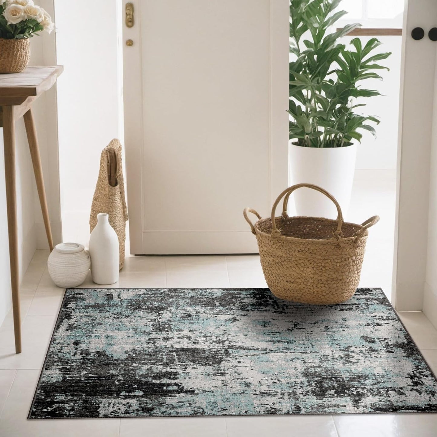 Washable Area Rugs 2'x3' Non-Slip Modern Abstract Soft for Living Room Entryway Bedroom Nursery, Print Pattern, Blue Black Teal