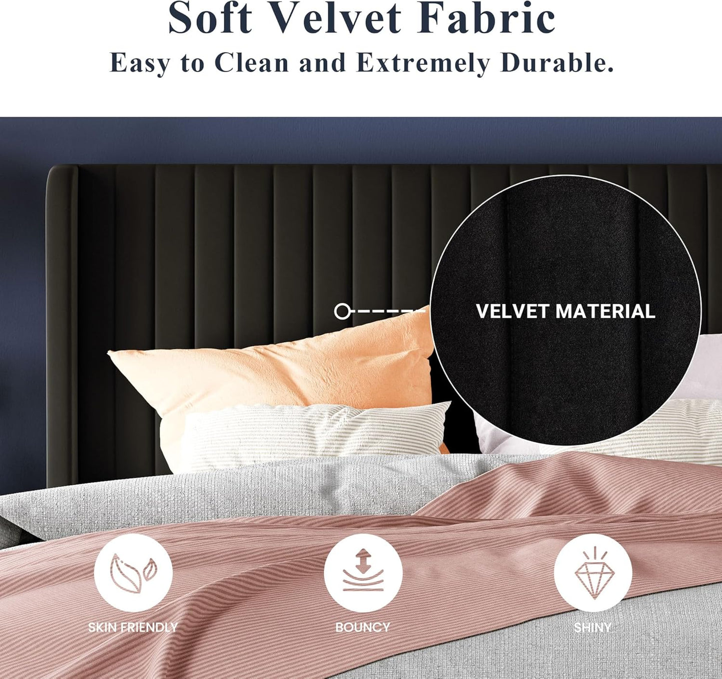 Allewie Full Size Velvet Bed Frame/Vertical Channel Tufted Wingback Headboard/Upholstered Platform Bed/Strong Wooden Slats/No Box Spring Needed/Easy Assembly/Black