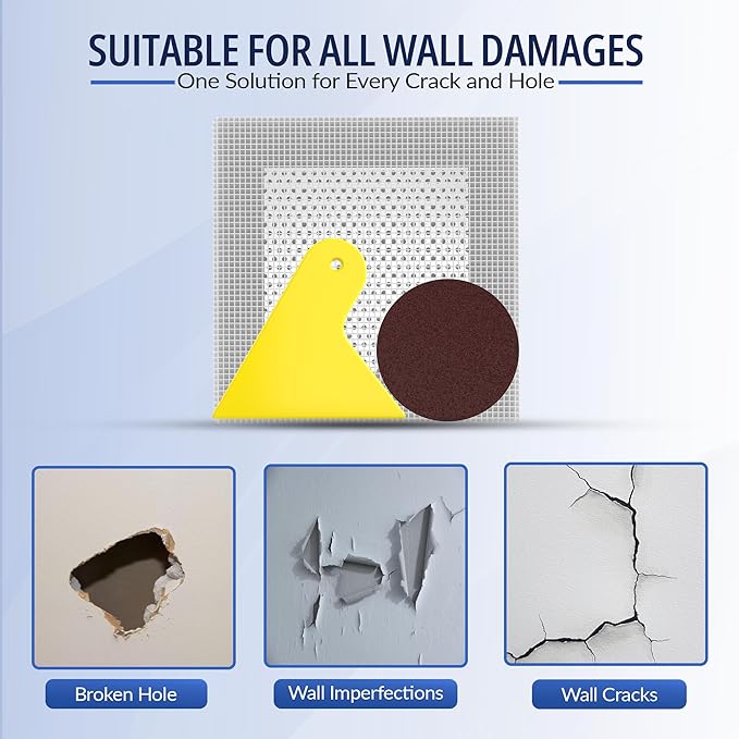 Wall Patch Repair Kit – 2 × 4″ Self-Adhesive Aluminum Mesh Patches with Small & Medium Scrapers & 2 × P180 Sandpapers | Quick-Fix Drywall Hole Patch Kit for Sheetrock, Plaster & Ceiling Crack Repair