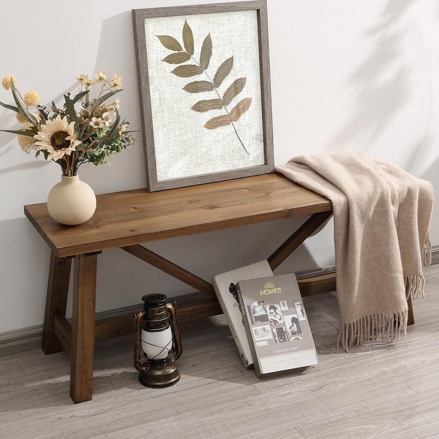 Wnutrees 43" Farmhouse Wood Bench, Narrow Bench, Long Bench Seat for Entryway, Living Room, Dining Room, Solid Wood, Natural