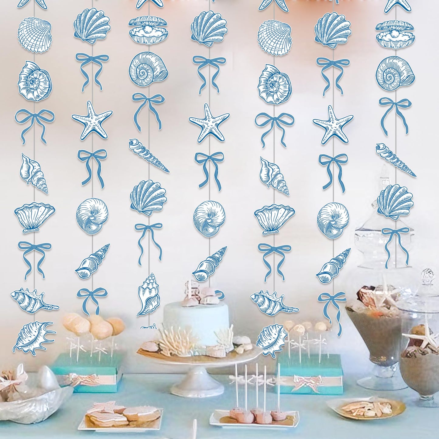 Sea Blue Bow Starfish and Seashell Garlands Summer Ocean Party Supplies 8PCS Coastal Starfish and Seashell Banners Nautical Party Decorations for Marine Baby Shower Wedding Bachelorette Decor