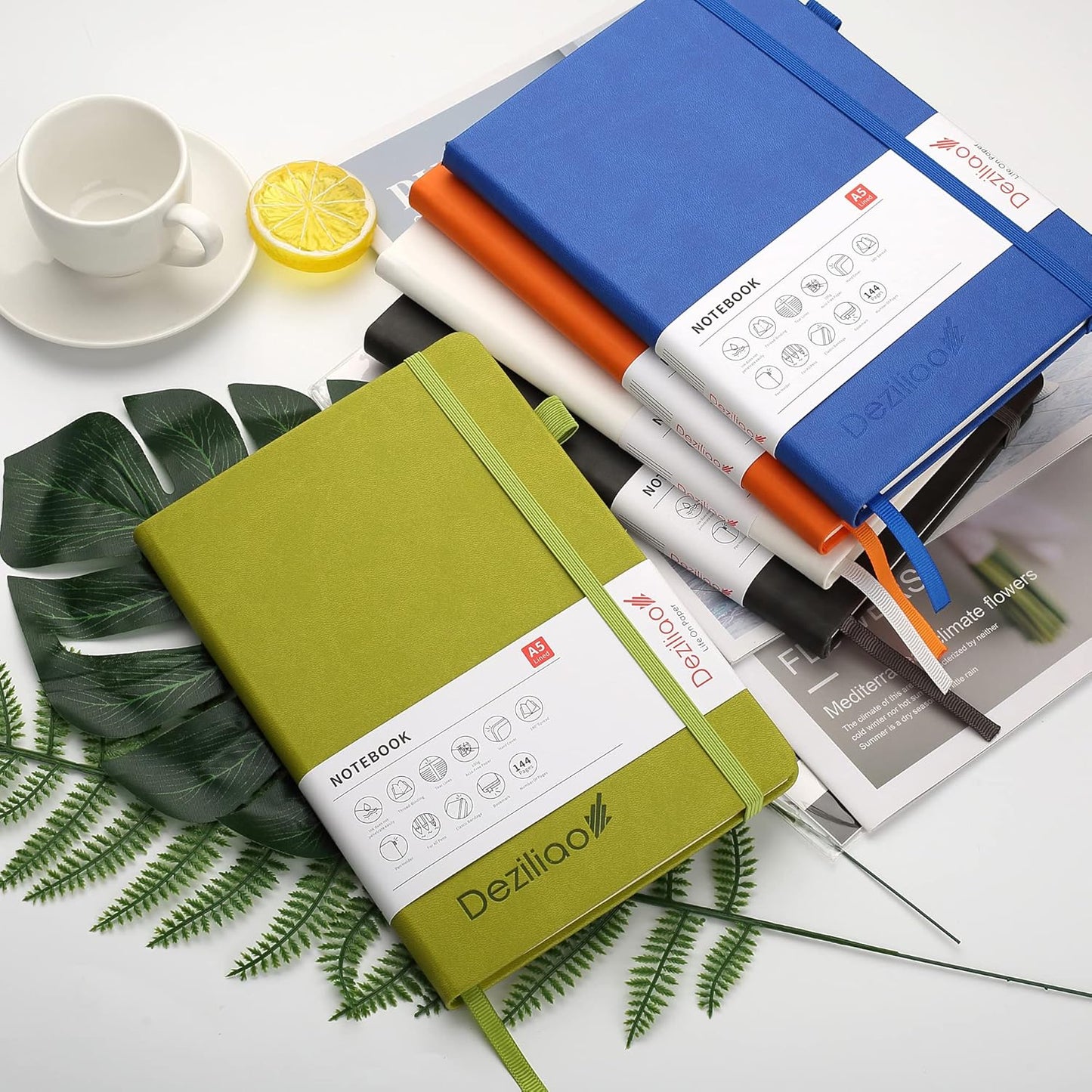 Deziliao Lined Journal Notebooks with Pen Loop, Hardcover Notebook Journal for Work, 100Gsm Premium Thick Paper with Inner Pocket, Medium 5.7"x8.4", （Green, Ruled）