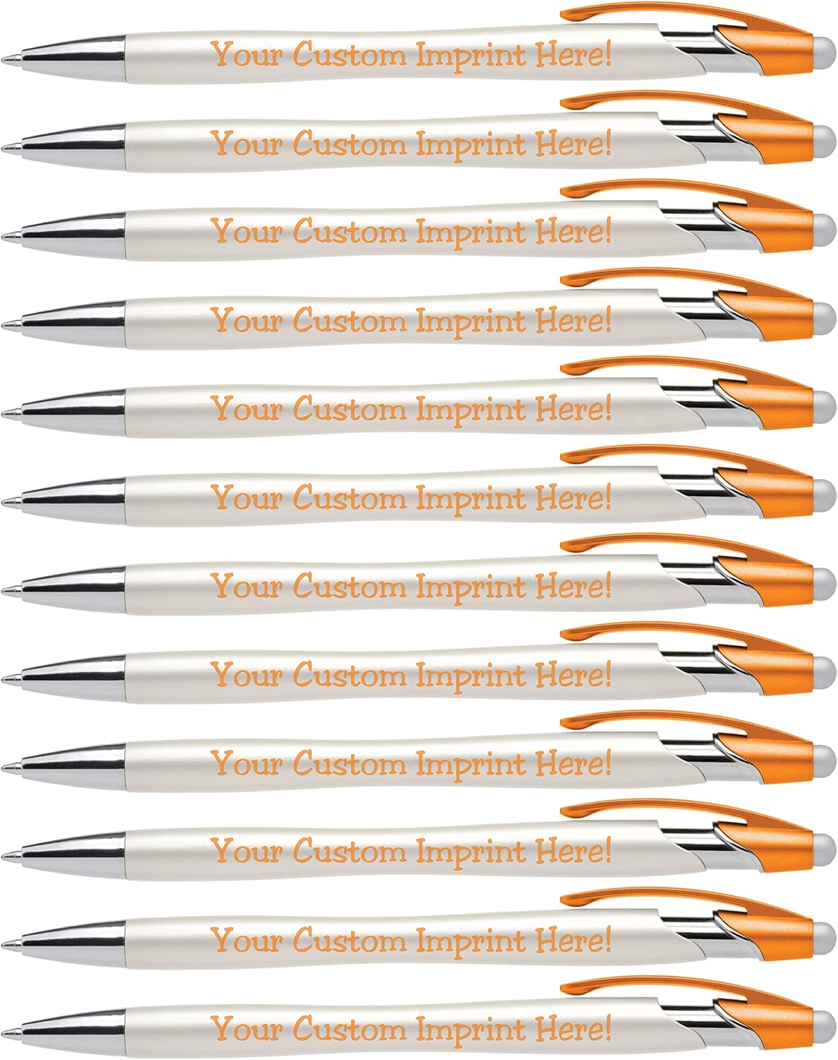 Custom Pens with Stylus - The Pearl - Personalized Metallic Printed Name Pens with Black Ink - Imprinted with Logo or Message - Great Gift Ideas - FREE PERSONALIZATION 12 pack (Orange)