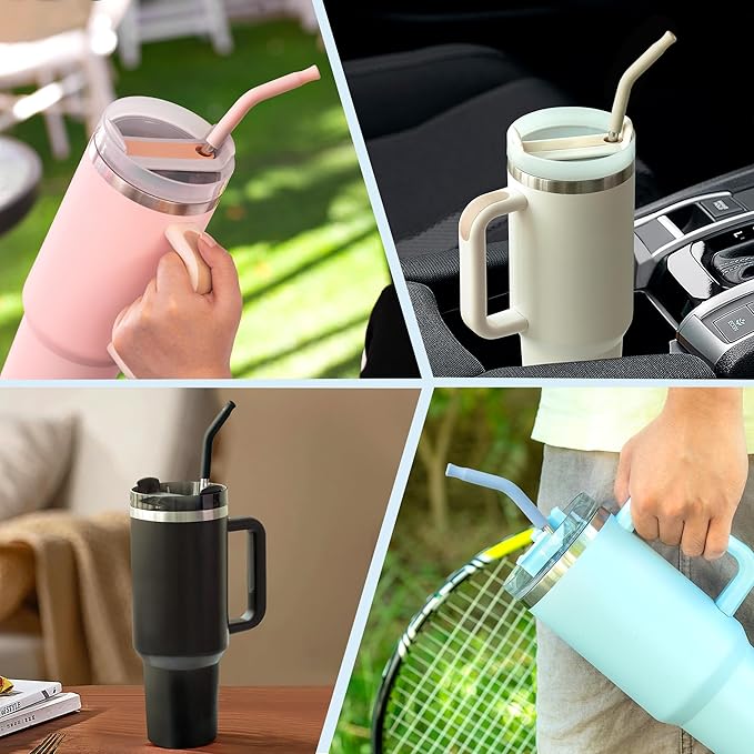 Reusable Metal Straws with Silicone Tip for Stanley 40oz,Stainless Steel Drinking Straws for 40oz Tumbler,3 Straight Tubes & 6 Tips& 1 Cleanr Brush(Ash)