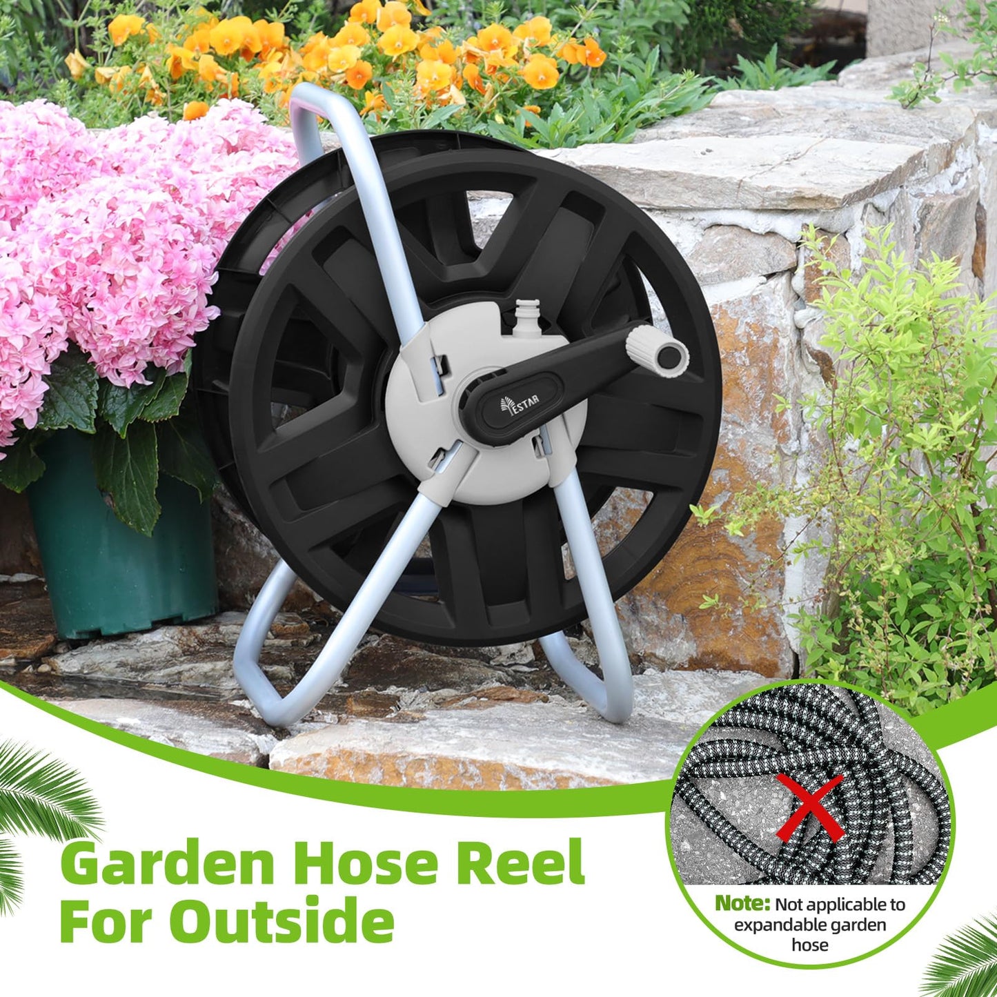 YESTAR Water Hose Reel Cart, Holds 60-80 Ft of 5/8 Inch Hose, Black Wall Mounted Garden Hose Cart, Portable Hose Reel for Convenient Storage and Watering