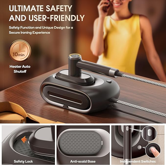 Newbealer 2In1 Pro Steam Station Iron, 1550W Turbo 3-level Steam & 3 Dry Heat Modes for Clothes, 30s Heat Up, 1.2L Tank, Auto-Off, Self Cleaning, Innovative Storage for Home & Hotel (Brown)