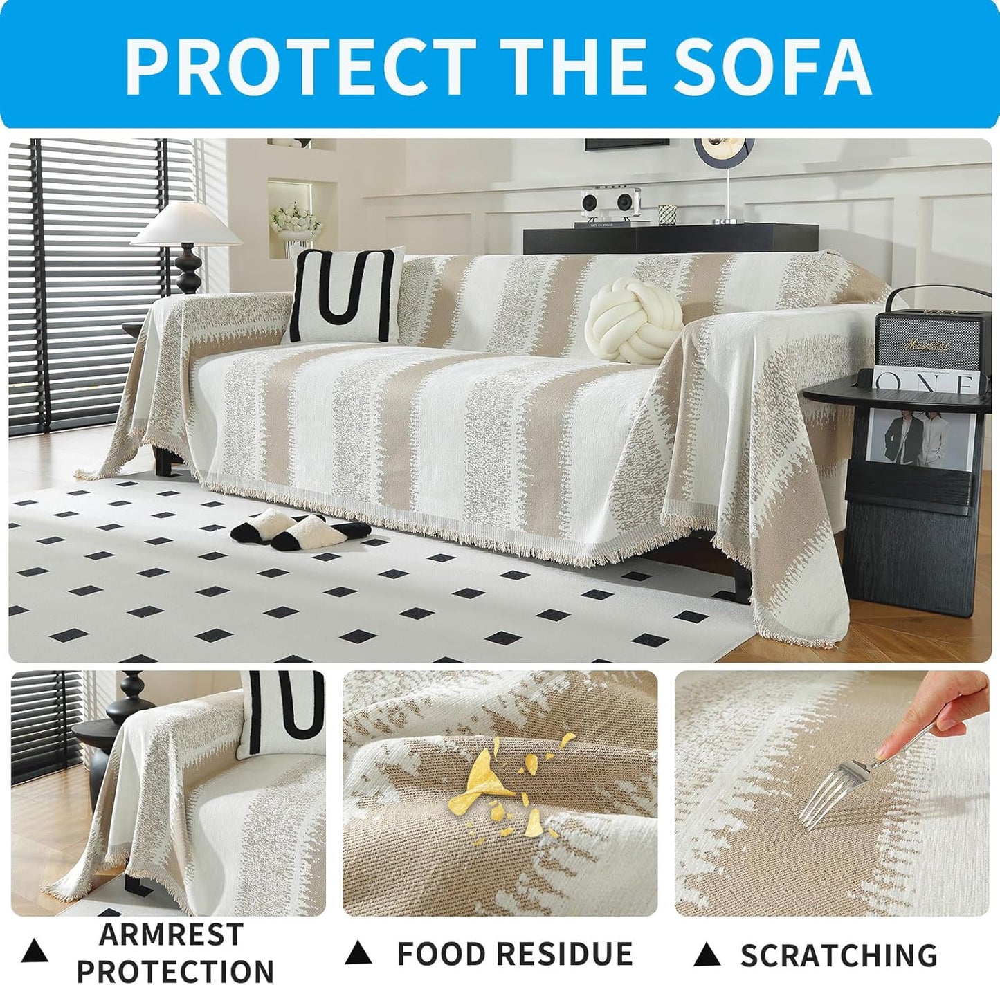 LUFEIJIASHI Boho Couch Covers for Sofa Non Slip Sofa Covers Washable Couch Covers for 3 Cushion Couch Sofa Pet Friendly Sectional Couch Cover Blanket Furniture Protector for Dogs (Khaki, 71"x150")