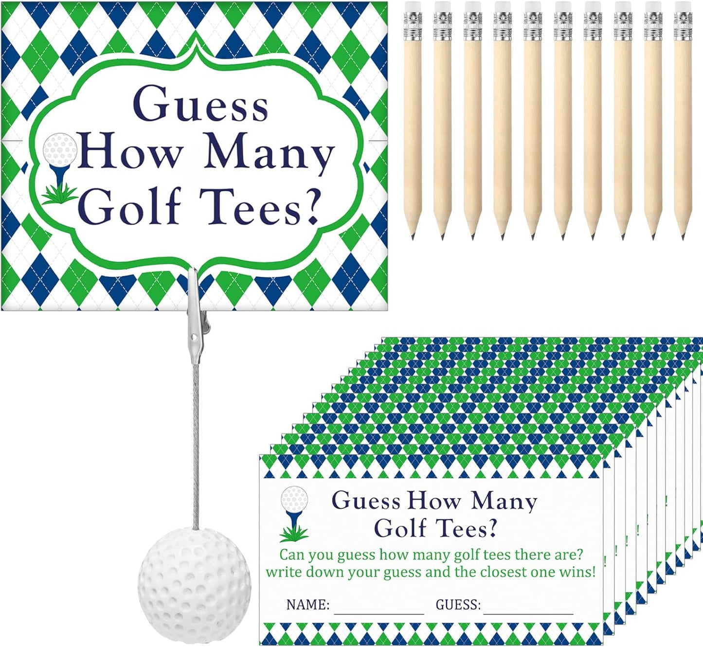 Fumete 101 Pcs Guess How Many Golf Tees Cards 1 Resin Golf Ball Base Memo Clip Holder 10 Pencils Funny Games for Golf Theme Party Supply Bridal Shower Birthday Baby Shower