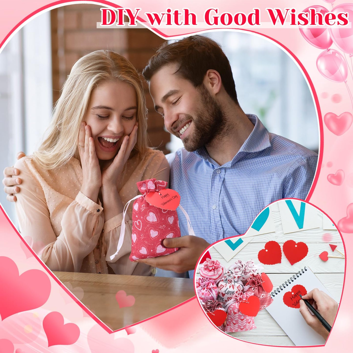 Sweetude 50 Pcs Valentine's Day Burlap Gift Bags with Heart Tag 4 x 6 Inch Small Drawstring Bags Reusable Goody Treat Pouches for Candy DIY Crafts Wedding Favors Party Supplies