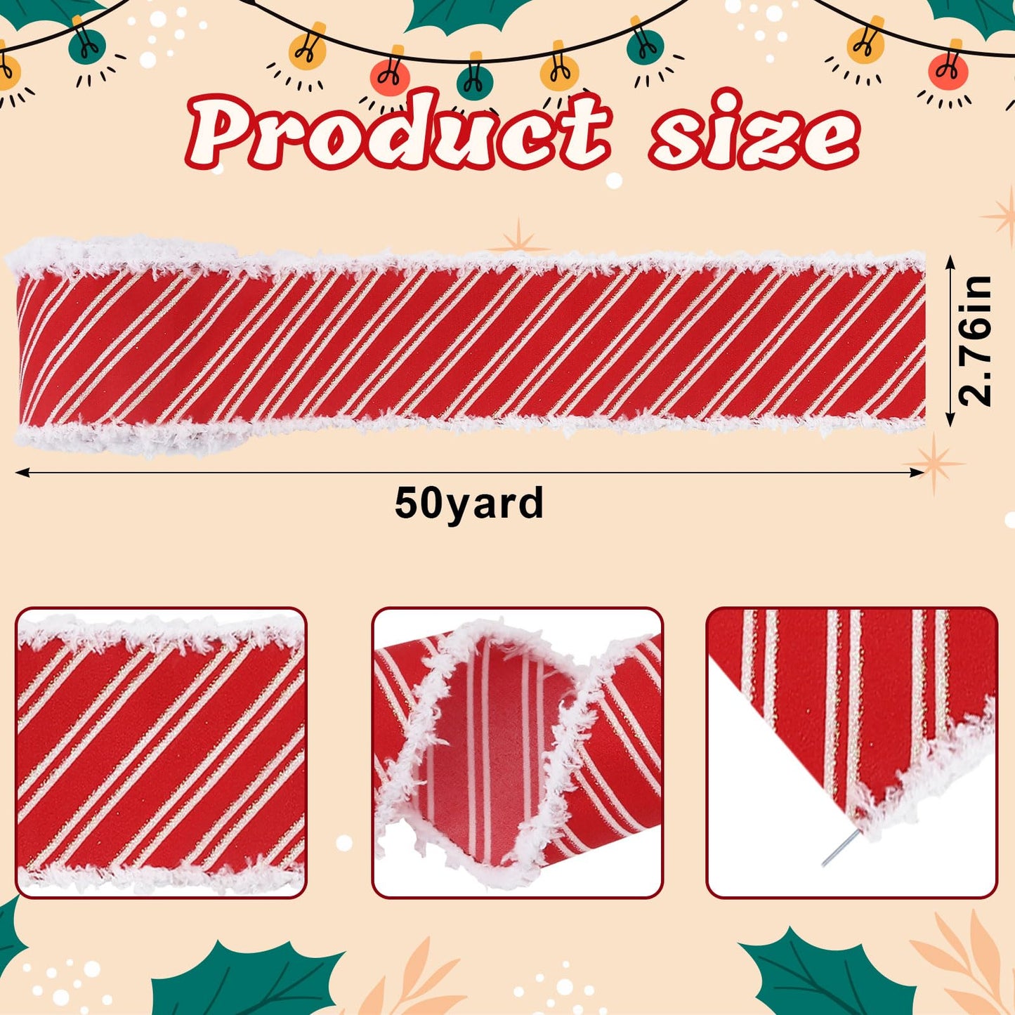 On-Airstore Christmas Fabric Ribbon 50 Yards Red White Stripe Ribbons Wired Velvet Edge Xmas Glitter Burlap Decor Ribbon for Christmas New Year Party Gift Wrapping Craft Hanging Decoration Supplies