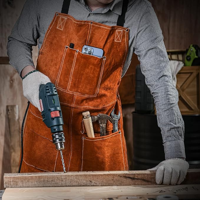 Leather Welding Work Apron - Heat Resistant & Flame Resistant Bib Apron, Flame Retardant Heavy Duty BBQ Apron