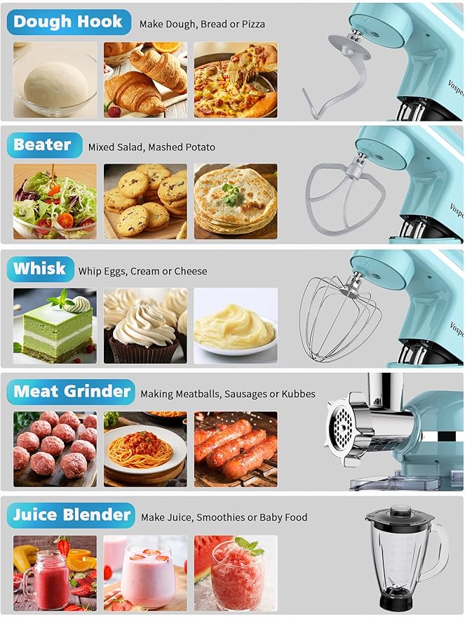 Stand Mixer 9 IN 1, 850W Tilt-Head Multifunctional Electric Mixer with 8 QT Stainless Steel Bowl, 1.5L Glass Jar, Meat Grinder, Hook, Whisk, Beater Dishwasher Safe (Blue)