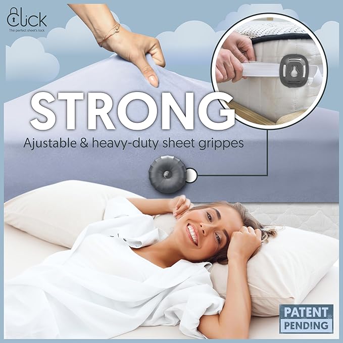 Click Sheet Holders for Adjustable Bed 4 Bedsheet Gripper Clips 2 Mattress Straps to Hold Sheets in Place, Heavy Duty Bed Sheet Fasteners for Twin, Queen & Split King, No-Slip Memory Foam Bed Lock
