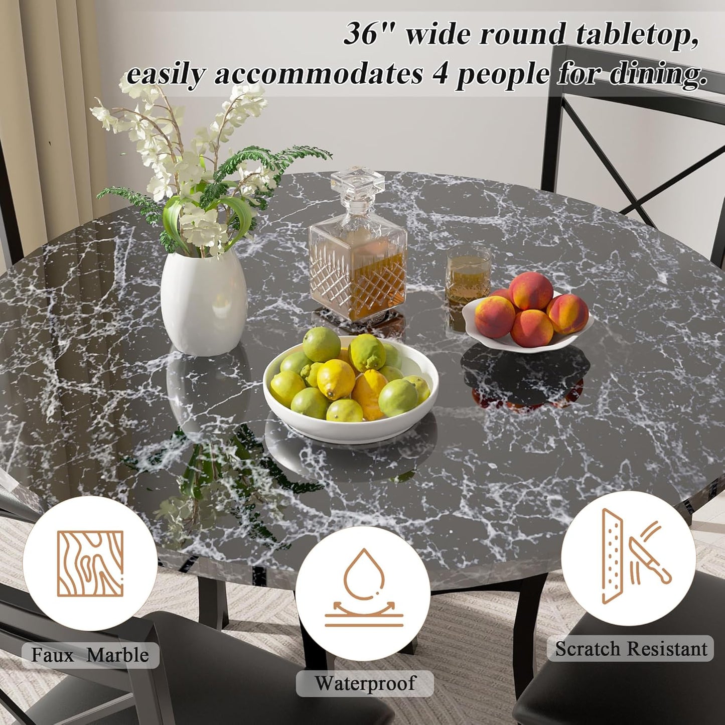 VECELO 5 Piece Dining Table Set for 4, Faux Marble Dinette with Chairs for Kitchen, Breakfast Nook, Small Space, Dark Black