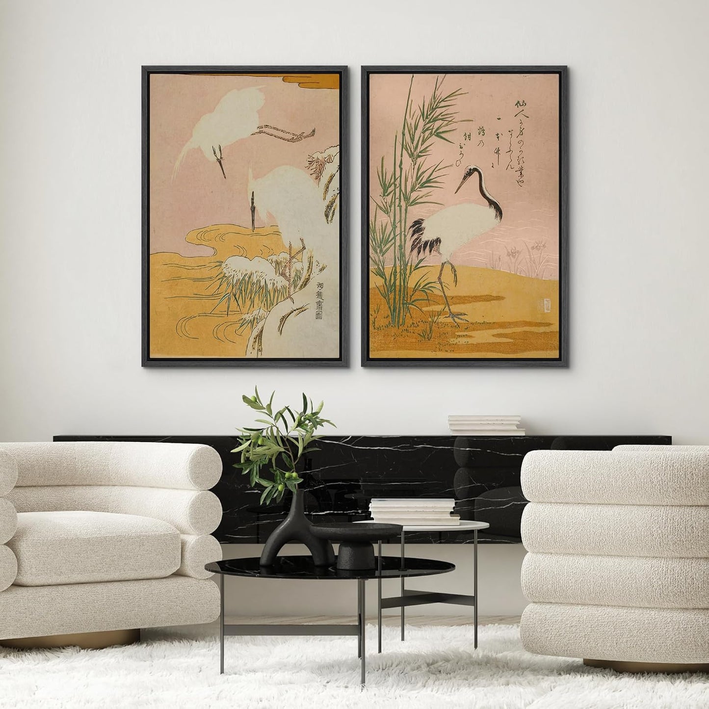 SIGNWIN Framed Canvas Print Wall Art Set Japanese Crane Vintage Style Bird and Bamboo Illustrations Modern Art Rustic Minimal for Living Room, Bedroom, Office - 24"x36"x2 Black