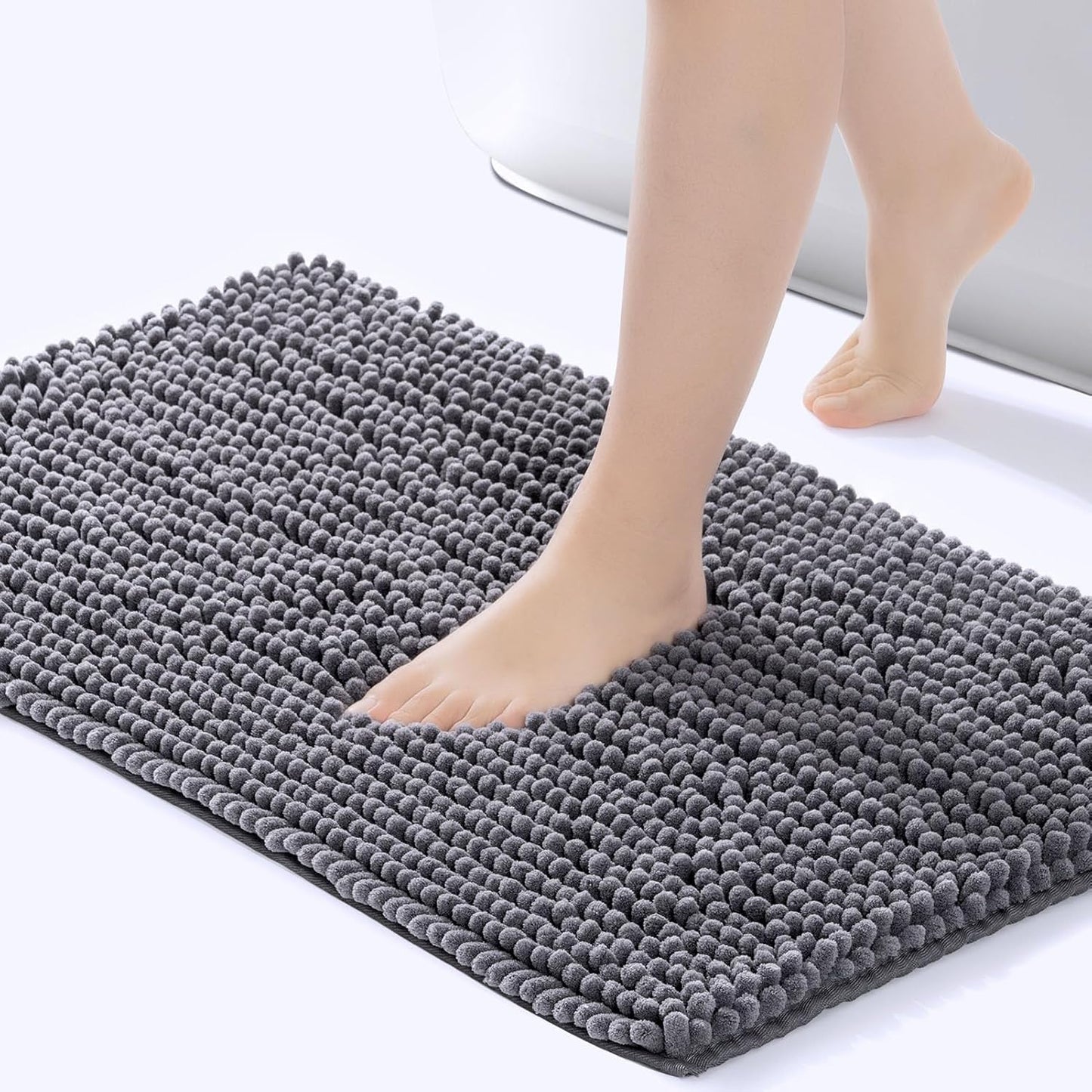 FRESHMINT Chenille Bathroom Rugs Mat 24"x17", Non-Slip Bath Mat for Bathroom Floor & Bathtub, Washable Soft Shower Shag Bath Rugs, Durable Fluffy Thick Water Absorbent Microfiber Shower Mat, Gray
