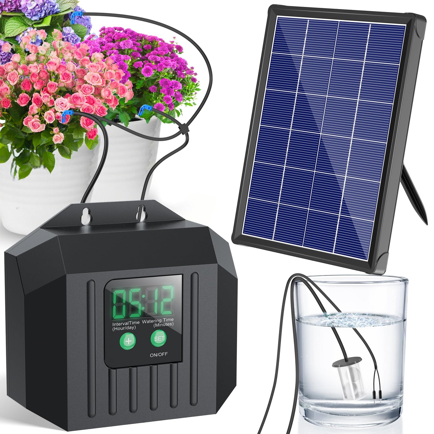 NFESOLAR 4W Solar Powered Automatic Drip Irrigation Kit with LCD Timer, Customizable Watering Duration 1–30min & Interval 3h–7d, Solar Irrigation System for 15 Potted Plants, Garden, Patio, Vacation