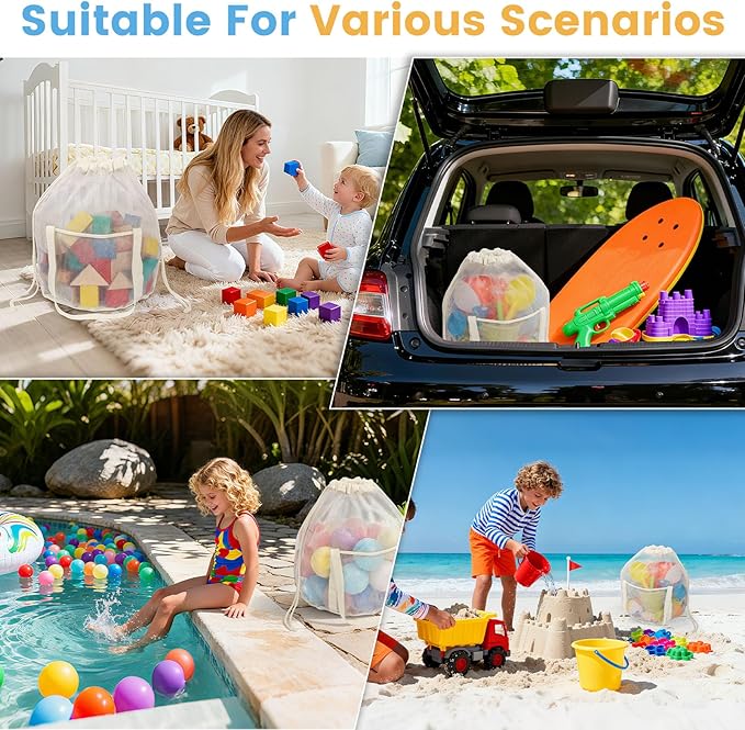 4 Pack Large Mesh Toy Storage Bags,Heavy Duty Mesh Bag with Drawstring, Durable & Breathable for Toys, Laundry, Pool & Beach Accessories, Home & Travel Organization